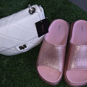 Combo‎ Pink Glitter Slides and White Quilted Bag Forever 21 ,Size 9W